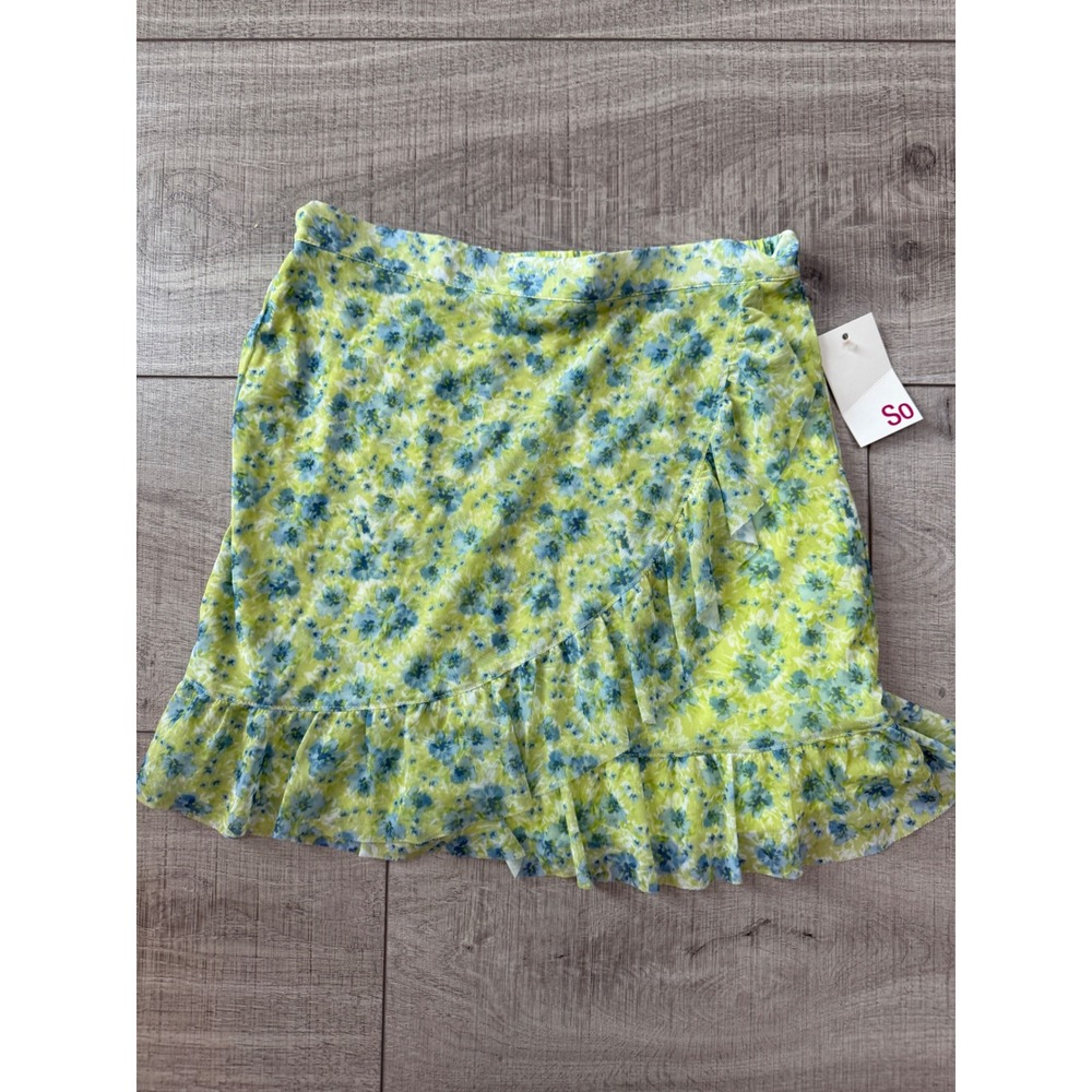 SO Lime Green Blue Floral Mesh Ruffle Mini Skirt Faux Wrap Size M